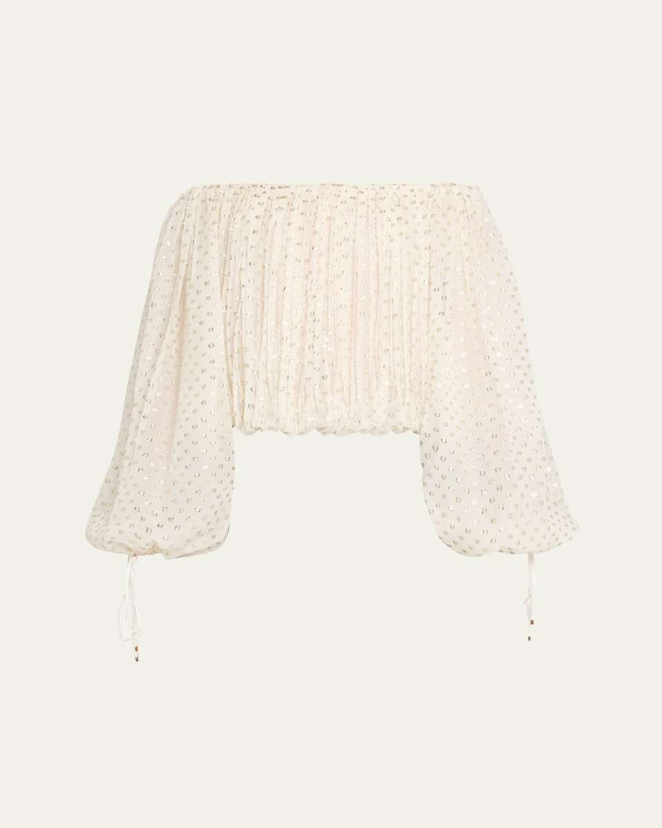 Gathered Off-the-Shoulder Metallic Dot Top